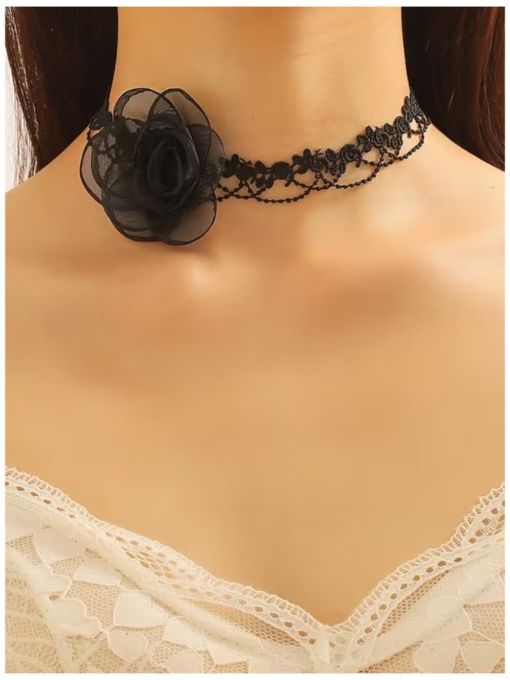Choker Delicate Black Lace w/Black Chiffon Rose Gothic Cosplay Steampunk Party - Picture 3 of 5